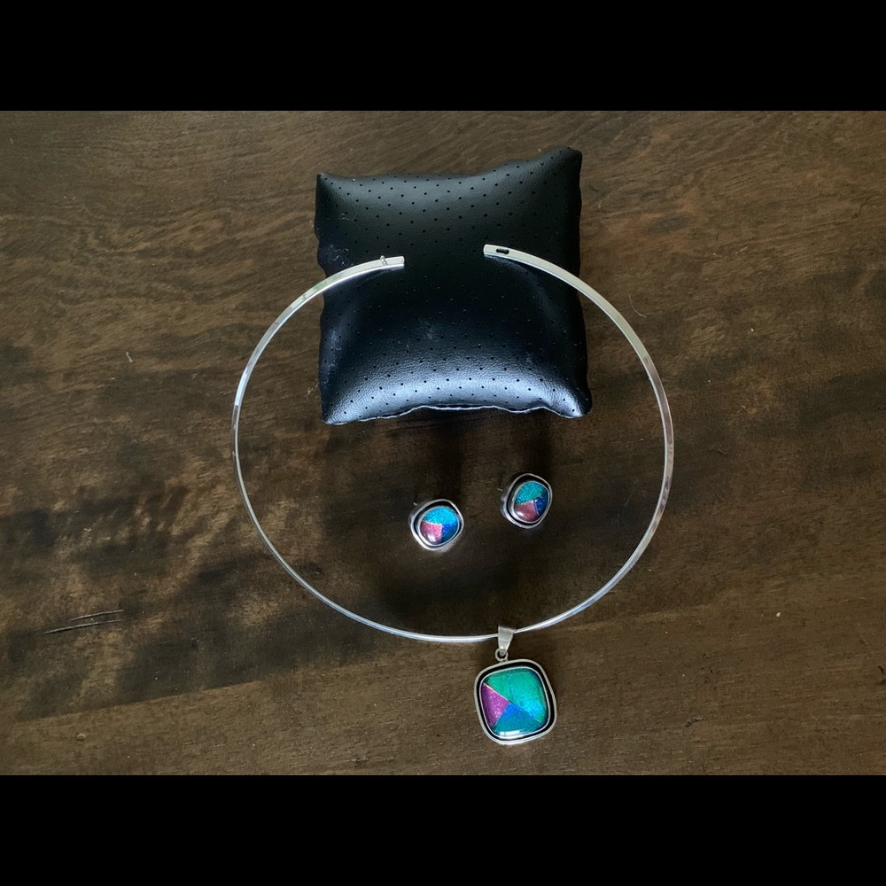 925 MEXICO STERLING S.CHOKER STONE PENDANT & EARRINGS - Picture 3 of 15